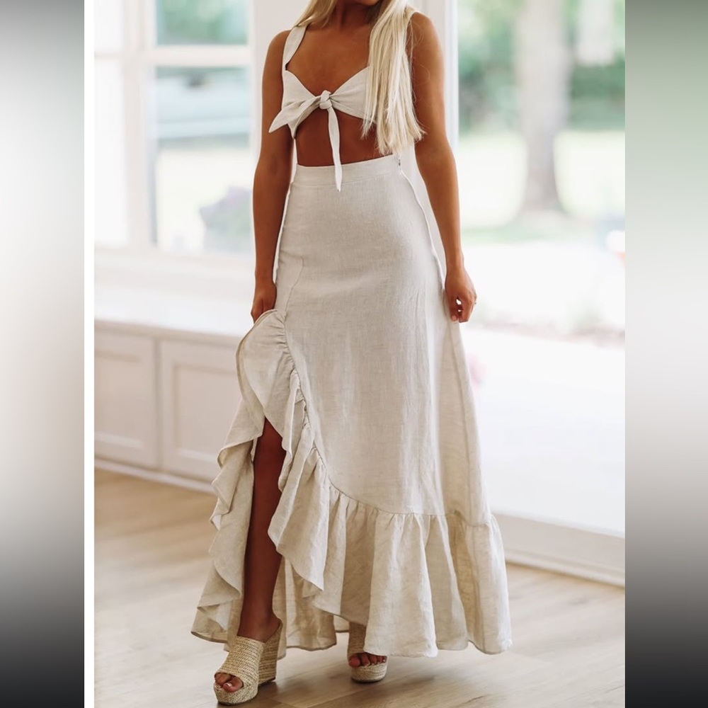 Cream Ruffled Maxi Skirt with Slit for Resort Wear